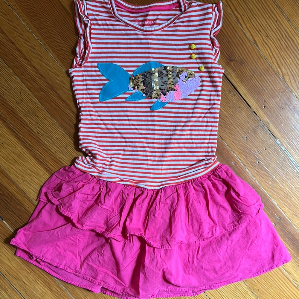 Adorable Mini Boden Pink and White Striped Dress with Sequin Fish